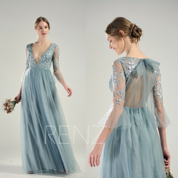 dusty blue long sleeve bridesmaid dresses