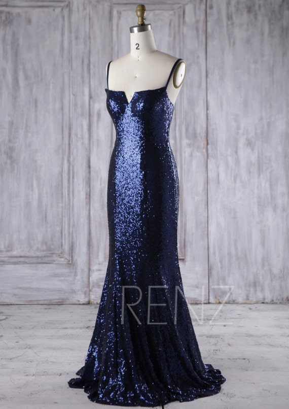 Bridesmaid Dress Navy Sequin Dress Wedding Dress Spaghetti Etsy