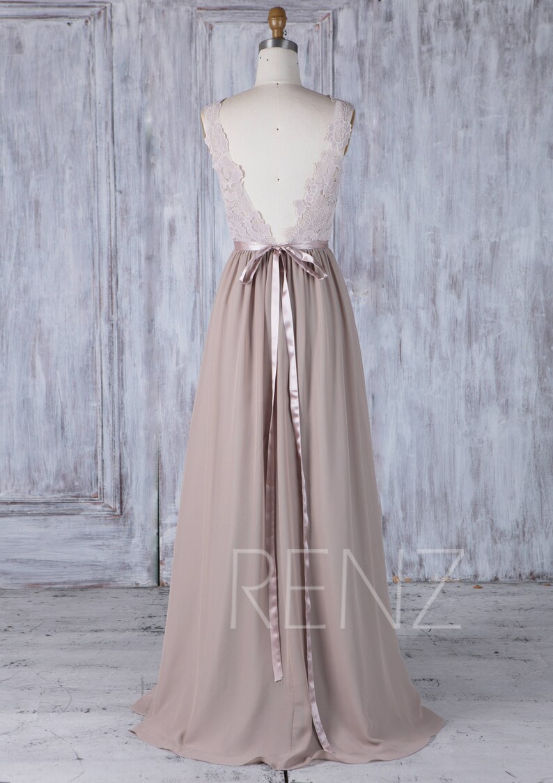 Bridesmaid Dress Taupe Long Lace Boho Wedding Dress V Back Etsy