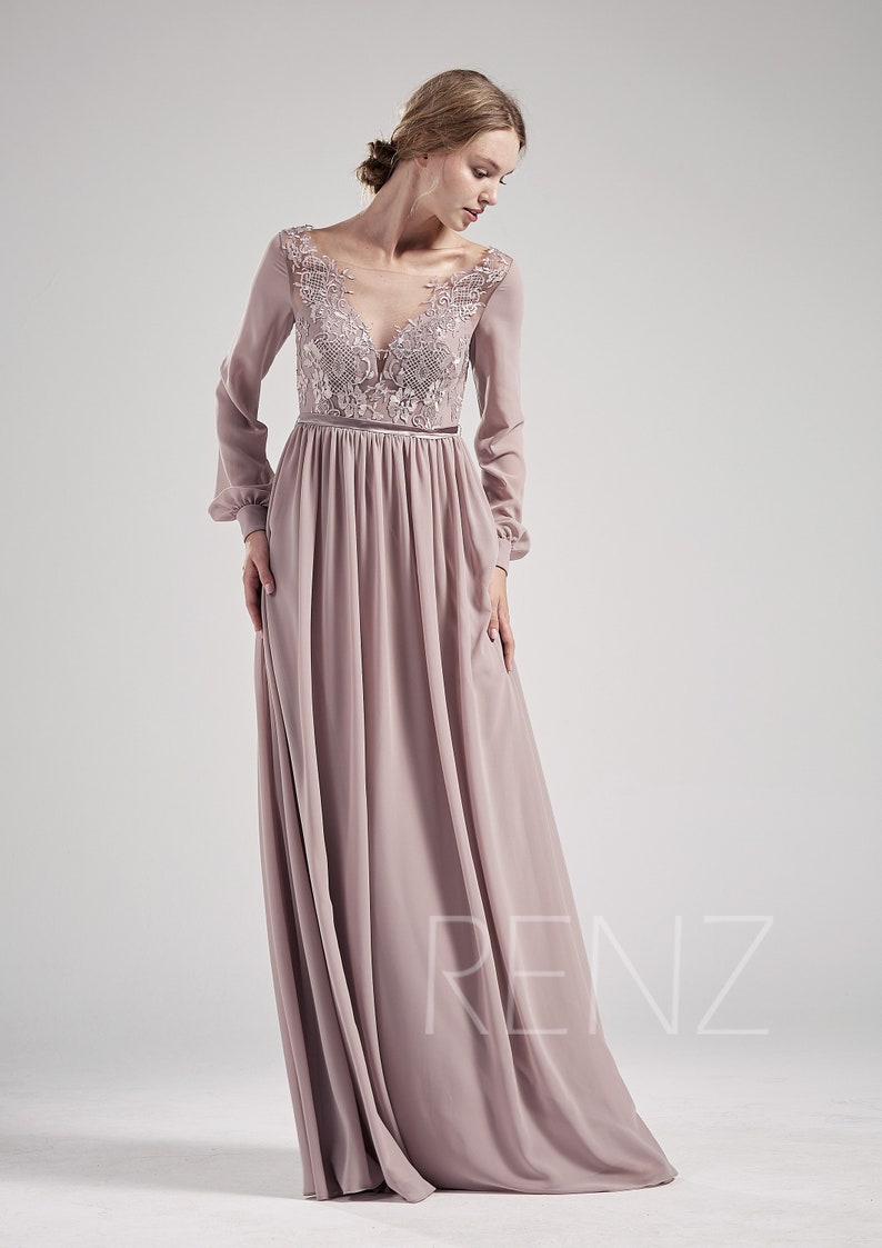 Bridesmaid Dress Mauve Wedding Dress Long Sleeves Chiffon Prom Etsy