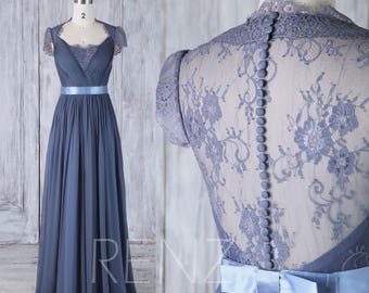 Bridesmaid Dress Dark Steel Blue Chiffon Wedding Dress,Lace Cap Sleeve Illusion Back Maxi Dress,A Line Elegant Dress Full Length(F120B)