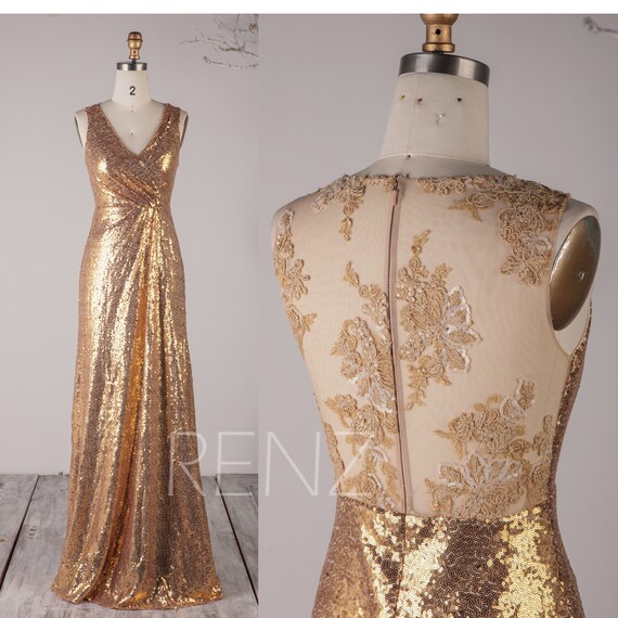 Prom Dress Gold Sequin Bridesmaid Dress Ruched V Neck Wedding | Etsy