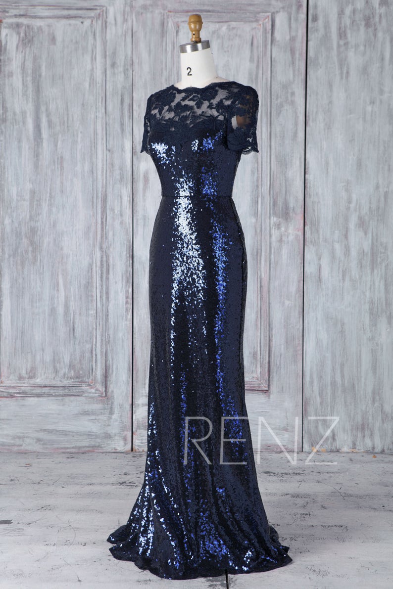 HQ448 Navy Blue Sequin Bridesmaid Dress Lace Illusion Sweetheart Wedding Dress Short Sleeve Mother of Bride Dress Fitted Long Evening Dress