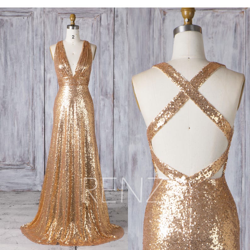 Gold Sequin Dress V Neck Gold Bridesmaid Dress Long Open Back Etsy
