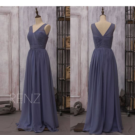 Chiffon Steel Blue Bridesmaid Dress Long Wedding Dress V | Etsy