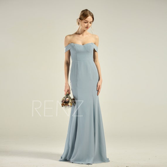 dusty blue off the shoulder bridesmaid dress
