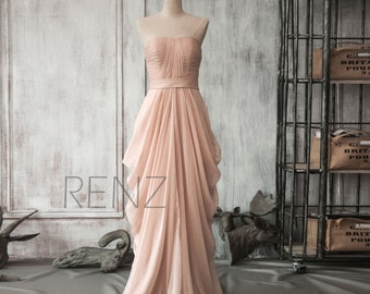 Bridesmaid Dress Peach Chiffon Dress,Wedding Dress,Draped Party Dress,Strapless Formal Dress,Ruched Maxi Dress Evening Dress(F105)-Renzrags