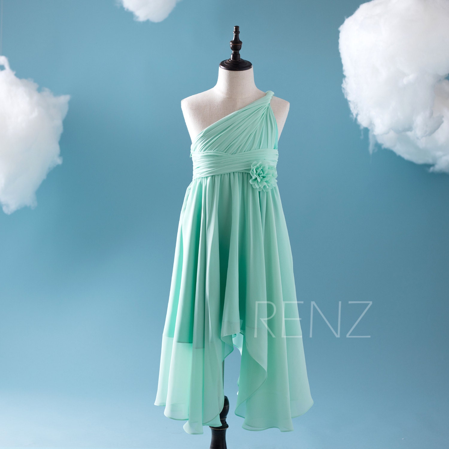 Mint Junior Bridesmaid Dress One Shoulder Rosette Dress Long Etsy