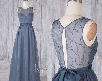 Bridesmaid Dress Dark Steel Blue Chiffon Dress,Wedding Dress,Illusion Round Neck Maxi Dress,Open Back Party Dress,A Line Beaded Dress(H676)