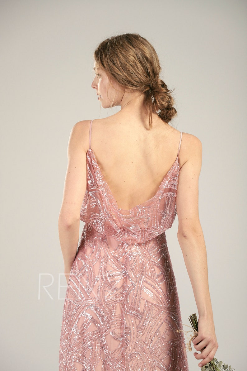 Dusty Rose Sequin Bridesmaid Dress V Neck Wedding Dress Etsy