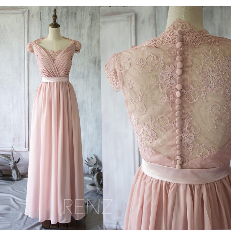 Blush Chiffon Lace Bridesmaid Dress Cap Sleeves Wedding Dress | Etsy