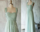 Bridesmaid Dress Dusty Mint Chiffon Dress Double Straps Party Dress Sweetheart Empire Waist Dress A-Line Prom Dress Ruched Maxi Dress(T080)