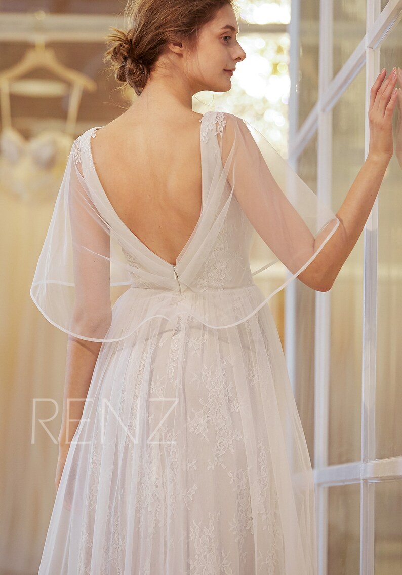 Wedding Dress Off White Bridal Dress Long Tulle Wedding Gown Boho V Neck Ruffle Sleeves Beach Wedding Dress Open Back Formal Dress HW920