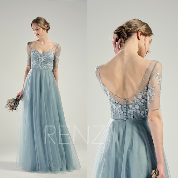 dusty blue tulle wedding dress