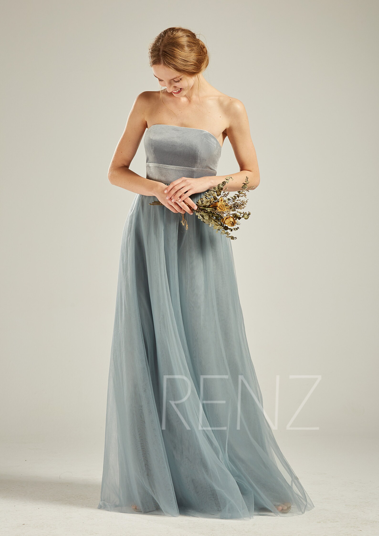 Dusty Blue Velvet Bridesmaid Dress Wedding Dress Strapless Etsy