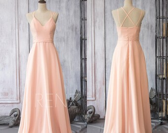 Bridesmaid Dress Peach Chiffon Dress,Wedding Dress,Criss Cross Strap Maxi Dress,V Neck A Line Prom Dress,Long Party Dress(F089)-Renzrags