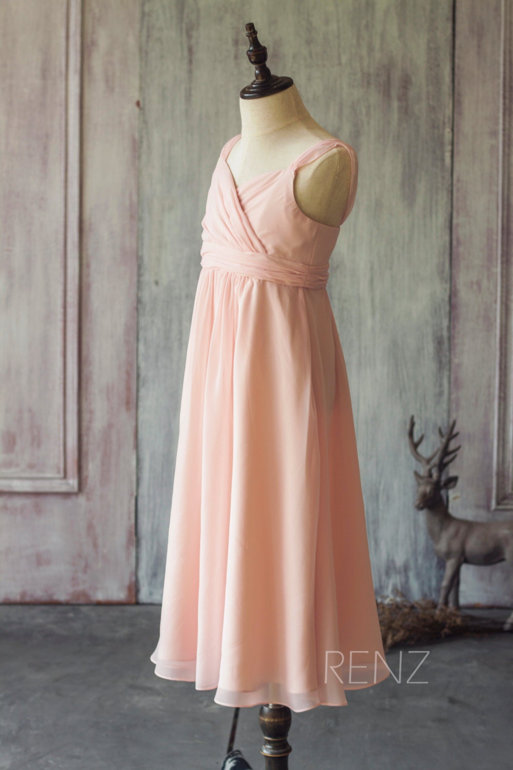 Peach Junior Bridesmaid Dress Double Straps Flower Girl Dress Etsy