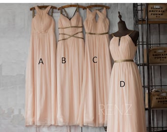 Mix & Match Bridesmaid Dress,Peach Backless Prom Dress,Long Wedding Dress,A Line Party Dress,Chiffon Evening Dress(F062~F066)-Renzrags Renz