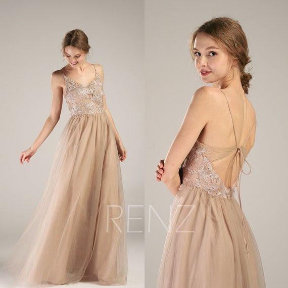 Prom Dress Pale Khaki Tulle Bridesmaid Dress V Neck Wedding Etsy