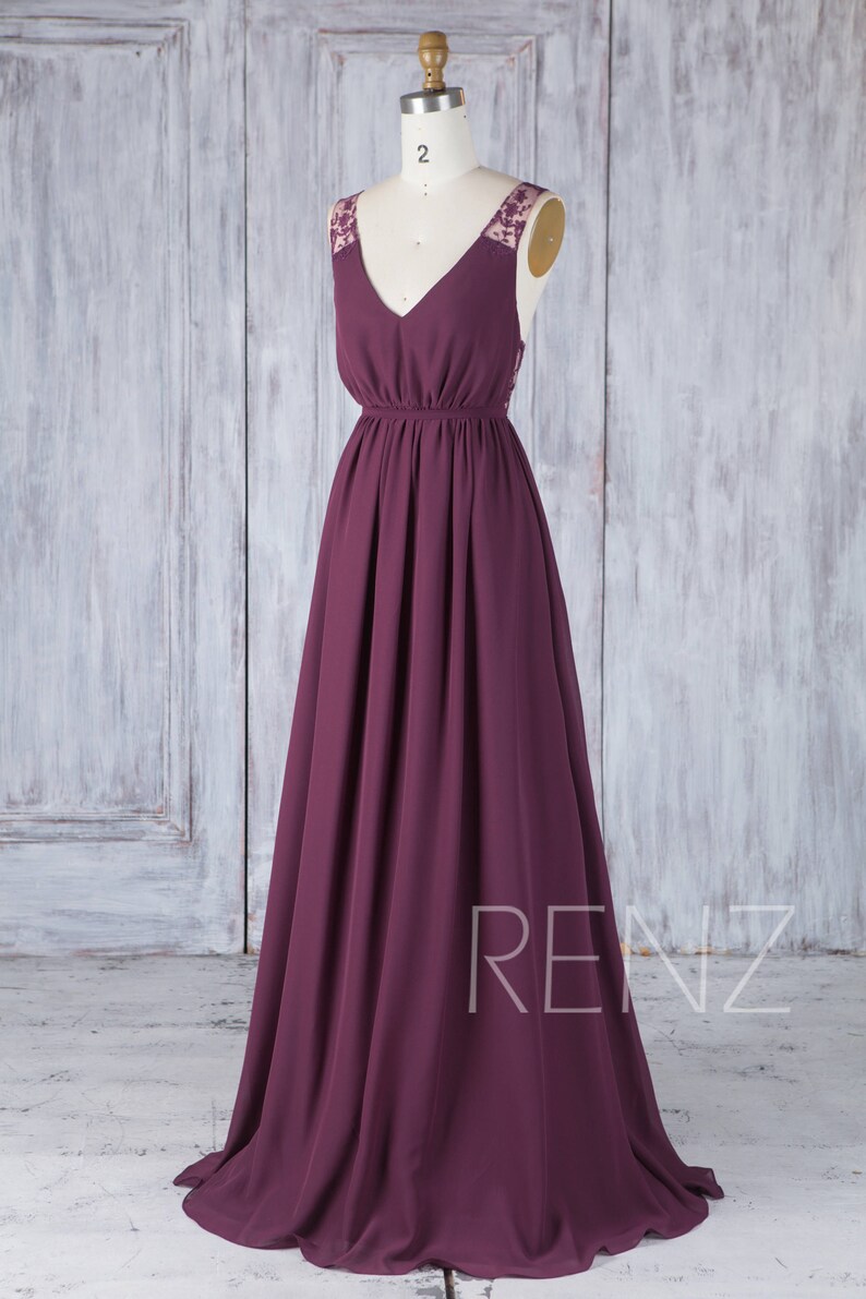 Bridesmaid Dress Plum Chiffon Wedding Dress with Sash V Neck | Etsy