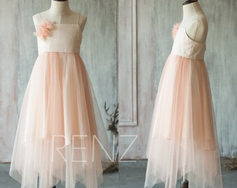 Junior Bridesmaid Dress Long, Blush Pink Flower Girl Dress, Peach Puffy Dress, Spaghetti Strap Rosette Dress (LK060)-Renzrags