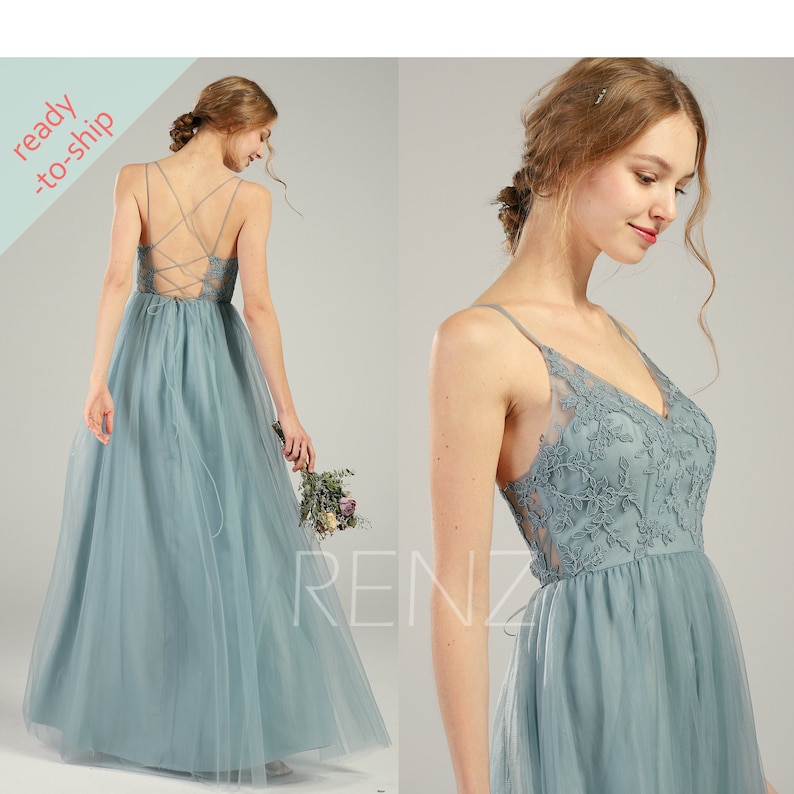Bridesmaid Dress Dusty Blue Lace Wedding Dress V Neck Spaghetti Strap Illusion Lace-up Back A-line Tulle Prom Dress -HS736 Ready-to-Ship