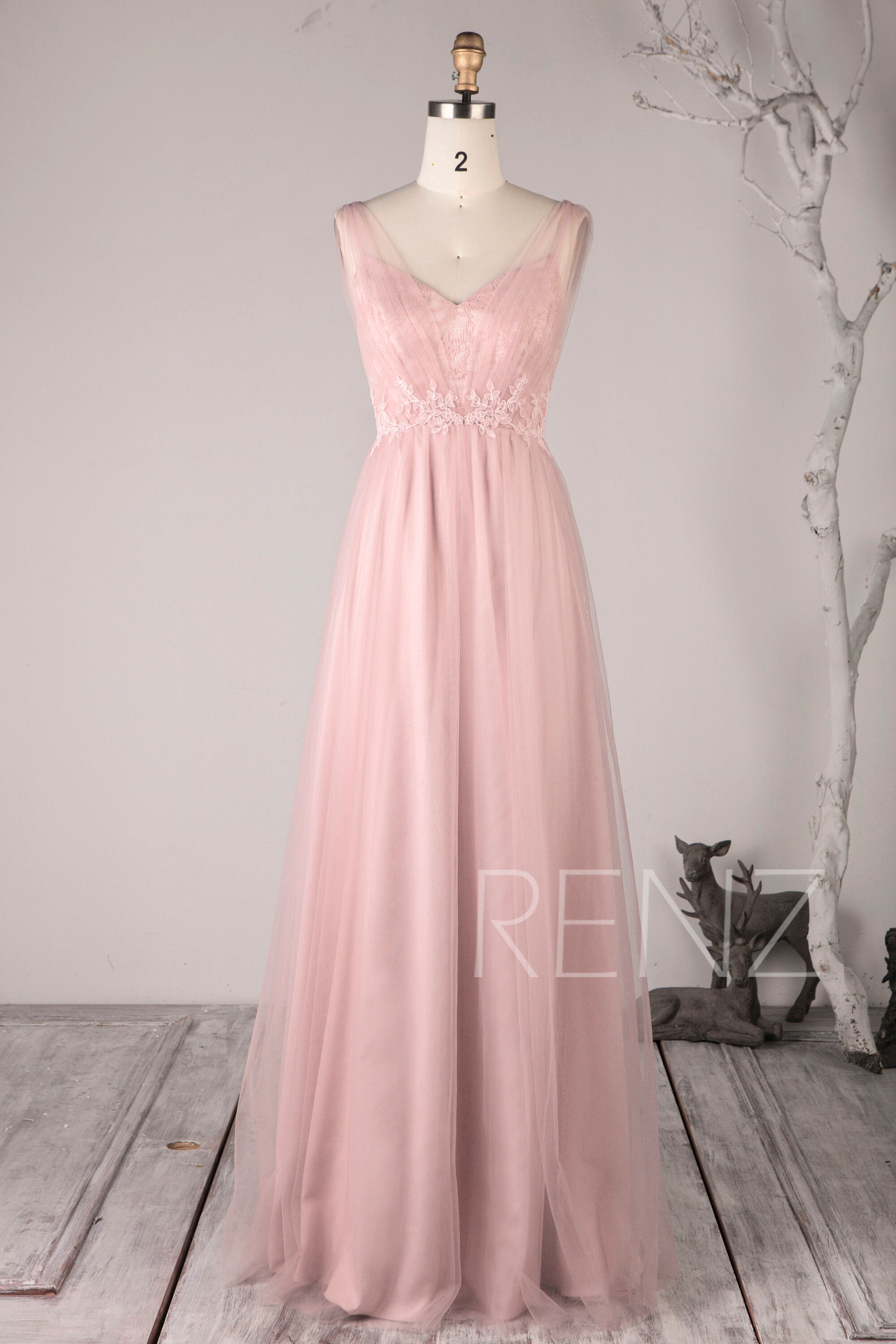 Prom Dress Blush Tulle Bridesmaid Dress Lace V Neck Wedding Etsy