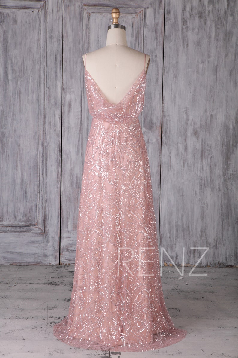 Dusty Rose Sequin Bridesmaid Dress V Neck Wedding Dress Etsy