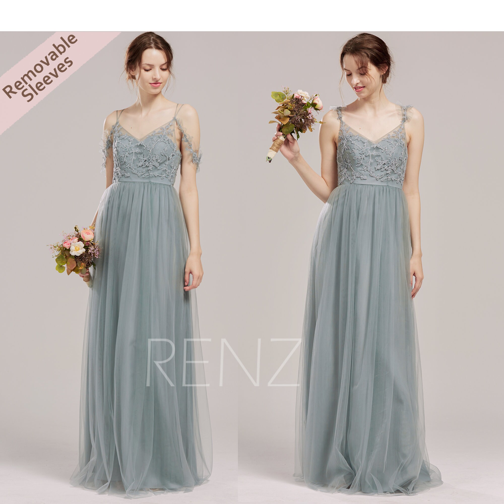 Bridesmaid Dress Dusty Blue Lace Wedding Dress Detachable Off Etsy