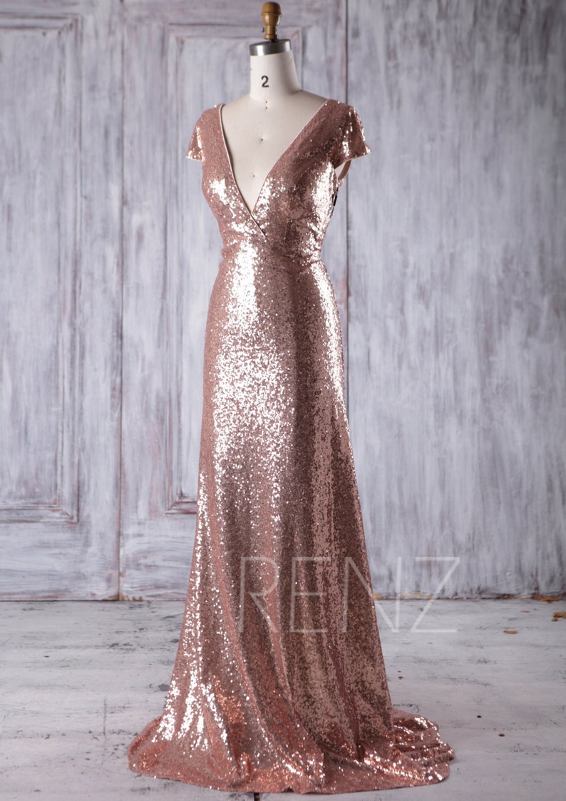 Rose Gold Sequin Bridesmaid Dress Train Sexy Deep V Neck | Etsy