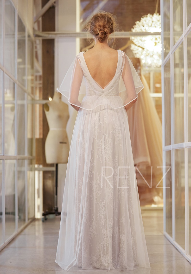 Wedding Dress Off White Bridal Dress Long Tulle Wedding Gown Boho V Neck Ruffle Sleeves Beach Wedding Dress Open Back Formal Dress HW920