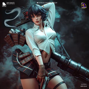 May include: Digital artwork of a female character with short black hair, wearing a white shirt and a black and red plaid skirt, holding a gun. She is posed with a large weapon, with a determined expression.