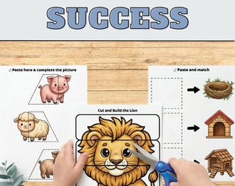 May include: Educational activity sheets with the text "FROM STRUGGLE TO SUCCESS". The sheets include a lion puzzle, matching exercises, and animal shape completion tasks. A child's hands are holding scissors.
