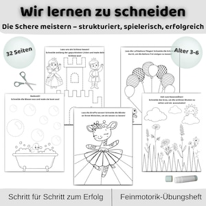 May include: A children's activity book with the title "Wir lernen zu schneiden" (We learn to cut). The book features various cutting exercises, including a castle, balloons, a giraffe, and flowers. The book is designed for ages 3-6 and has 32 pages.