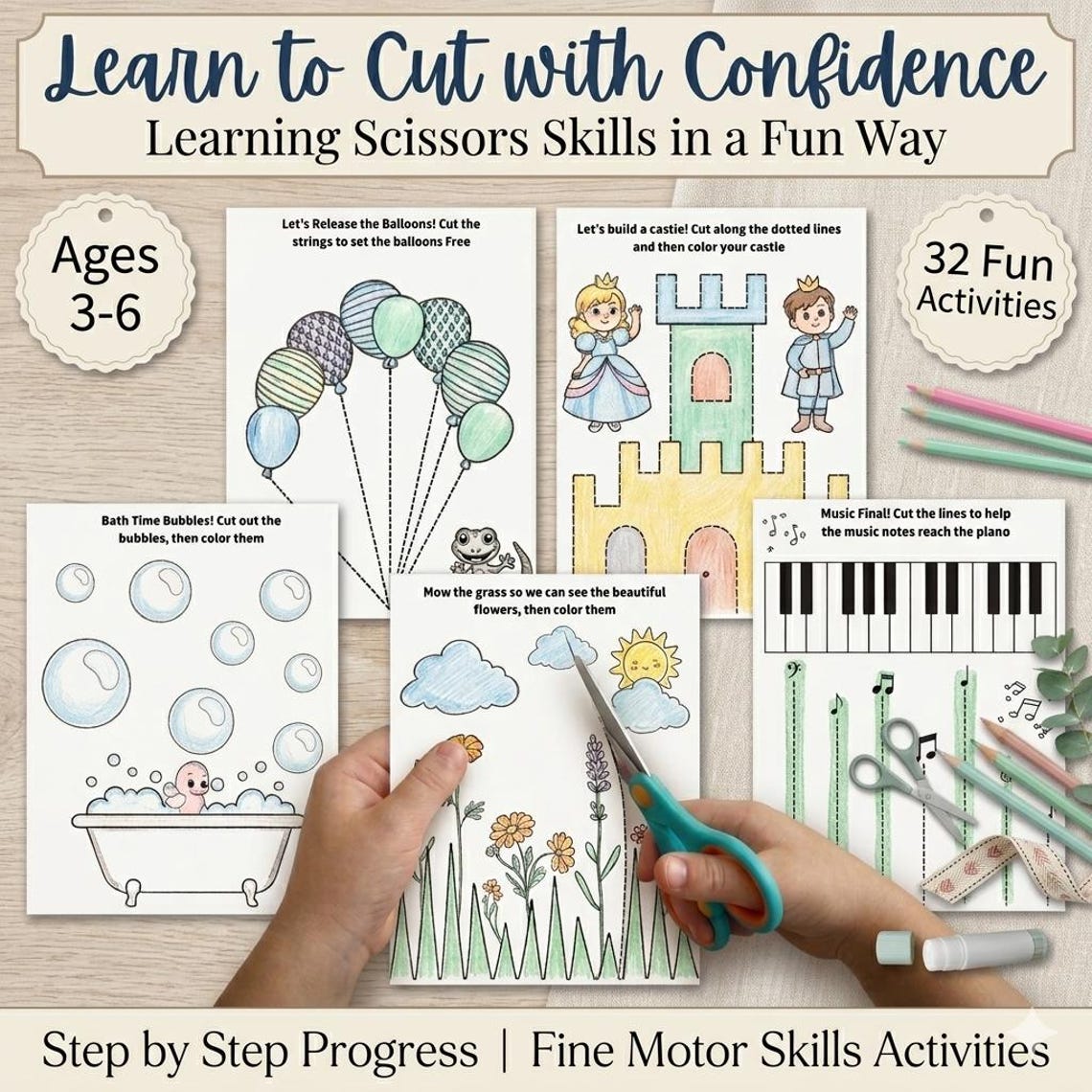 Scissor Skills Workbook for Kids Ages 3-6 | Step-by-step Cutting ...