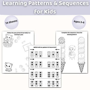 Puede incluir: Un cuaderno de trabajo para niños con el título "Learning Patterns & Sequences". Las páginas presentan ilustraciones en blanco y negro de gatos, huellas de patas, semáforos y conos de helado. El cuaderno está diseñado para niños de 3 a 6 años e incluye 14 hojas.