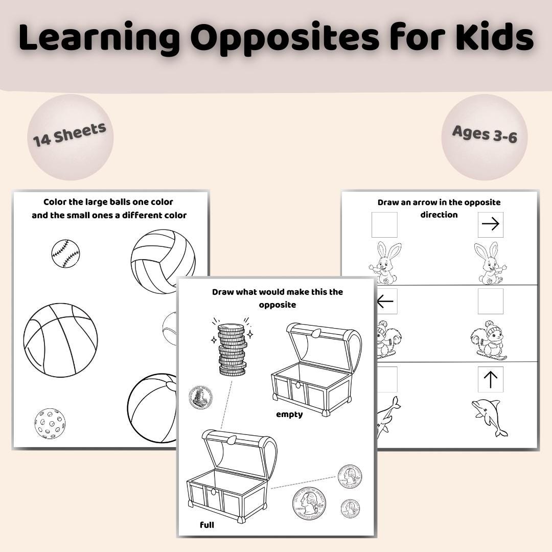Opposites Picture Math Opposites Worksheets for Kids | Learning Opposites Printable PDF ...