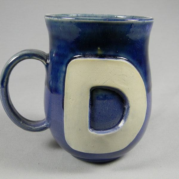 Letter D Initial Coffee Mug Tea Cup Drinkware Glass Personalized Alphabet Name Glossy Navy Blue White Two Tone Handmade Ceramics Pottery