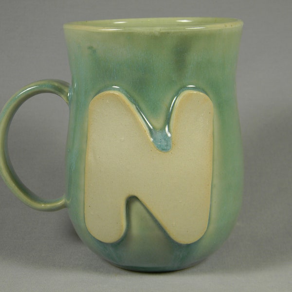 Letter N Initial Coffee Mug Tea Cup Drinkware Glass Personalized Alphabet Name Glossy Green White Handmade Ceramics Pottery