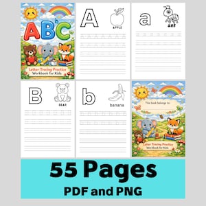 May include: A children's letter tracing practice workbook with colourful illustrations. The workbook features the letters A, B, and a, b, with corresponding images of an apple, bear, ant, and banana. The cover displays the text "ABC" and "Letter Tracing Practice Workbook for Kids". The workbook has 55 pages.