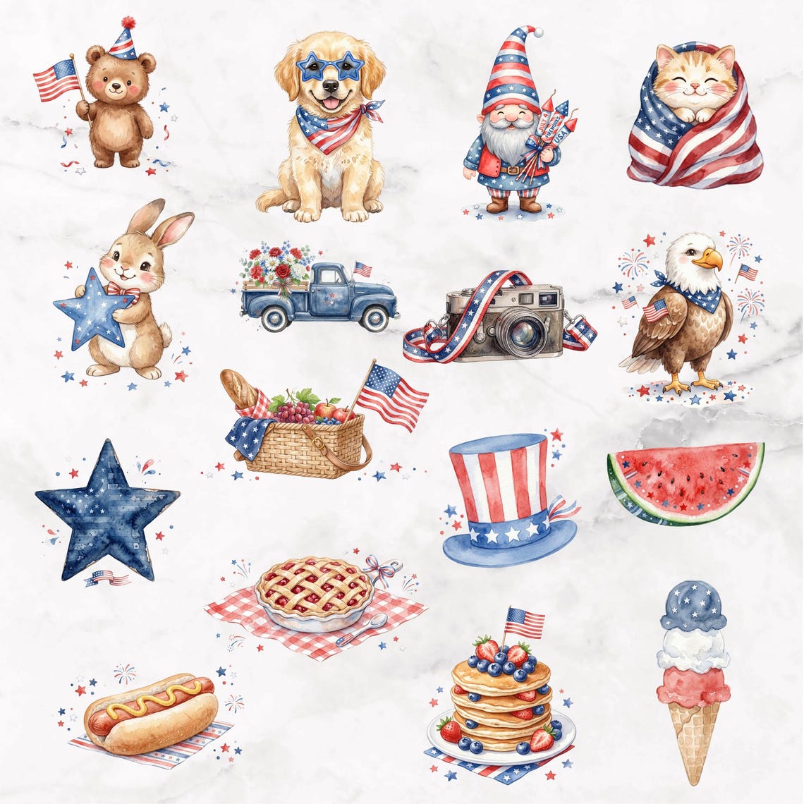 4th of July Watercolor Clipart Bundle, Independence Day Patriotic ...