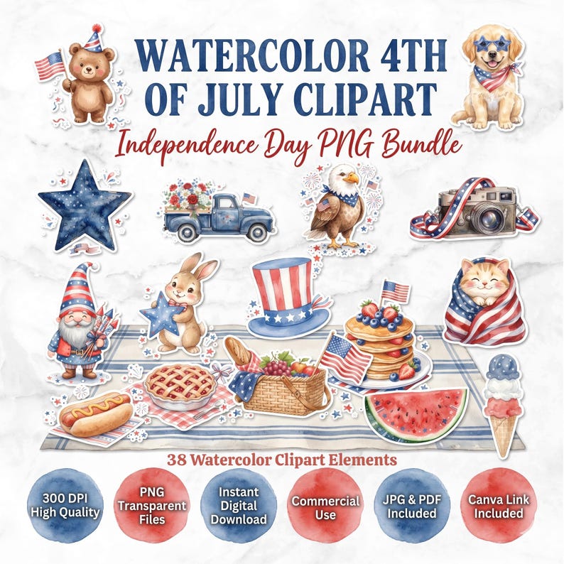 4th of July Watercolor Clipart Bundle, Independence Day Patriotic ...