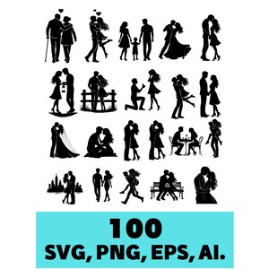 Könnte beinhalten: Eine Sammlung von 100 schwarzen Silhouette-Bildern, die verschiedene romantische Szenen darstellen, darunter Paare, die sich umarmen, einen Heiratsantrag machen und tanzen. Der Text "100 SVG, PNG, EPS, AI" ist auf hellblauem Hintergrund zu sehen.