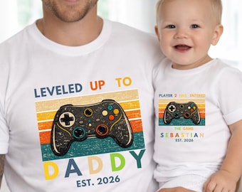 Personalized Gamer Dad Shirt,Custom Leveled Up to Daddy Tee,Player 2 Matching Shirt,Fathers Day Tshirt Gift,New Dad Birthday Shirt Gift