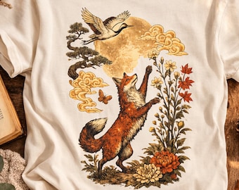 Linocut Fox Shirt, Block Print Woodland Animal Tee, Comfort Colors Botanical Crane Tshirt, Woodcut Floral Nature Shirt,Spiritual Animal Gift