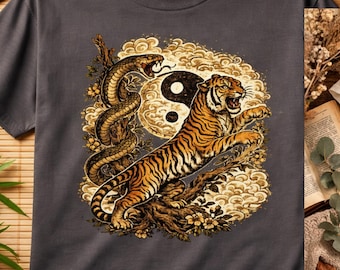 Linocut Tiger Graphic Shirt, Snake Comfort Colors T-shirt, Spiritual Yin Yang Tee, Linocut Animal Print Tee, Traditional Japanese Tiger Tee