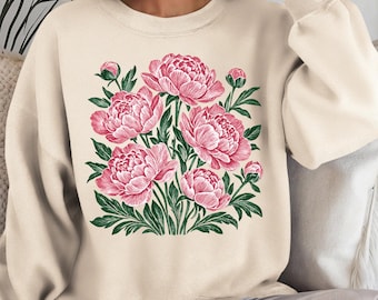 Peony Sweatshirt, Botanical Floral Sweatshirt, Linocut Peony Graphic Sweatshirt, Vintage Flower Sweatshirt, Wildflower Botanical Sweater