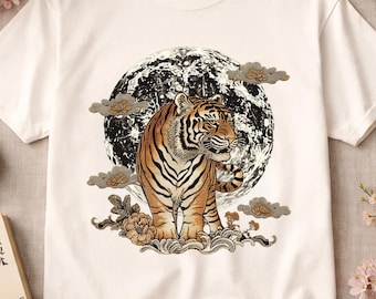 Tiger Moon Shirt, Japanese Tiger Shirt, Comfort Colors Tiger Tee, Linocut Tiger Graphic Tee, Celestial Tiger Shirt, Asian Tiger Art Tee