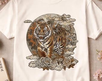 Linocut Shirt, Comfort Colors Moon Shirt, Big Cat Graphic Tee, Celestial Art Tshirt, Japanese Style Tee