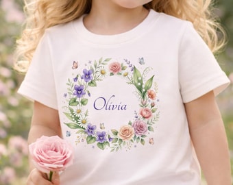Personalized Wildflower Shirt Toddler, Kids Name Flower Tee, Custom Floral Toddler Girl,Watercolor Wreath Shirt,Girl Butterfly Shirt